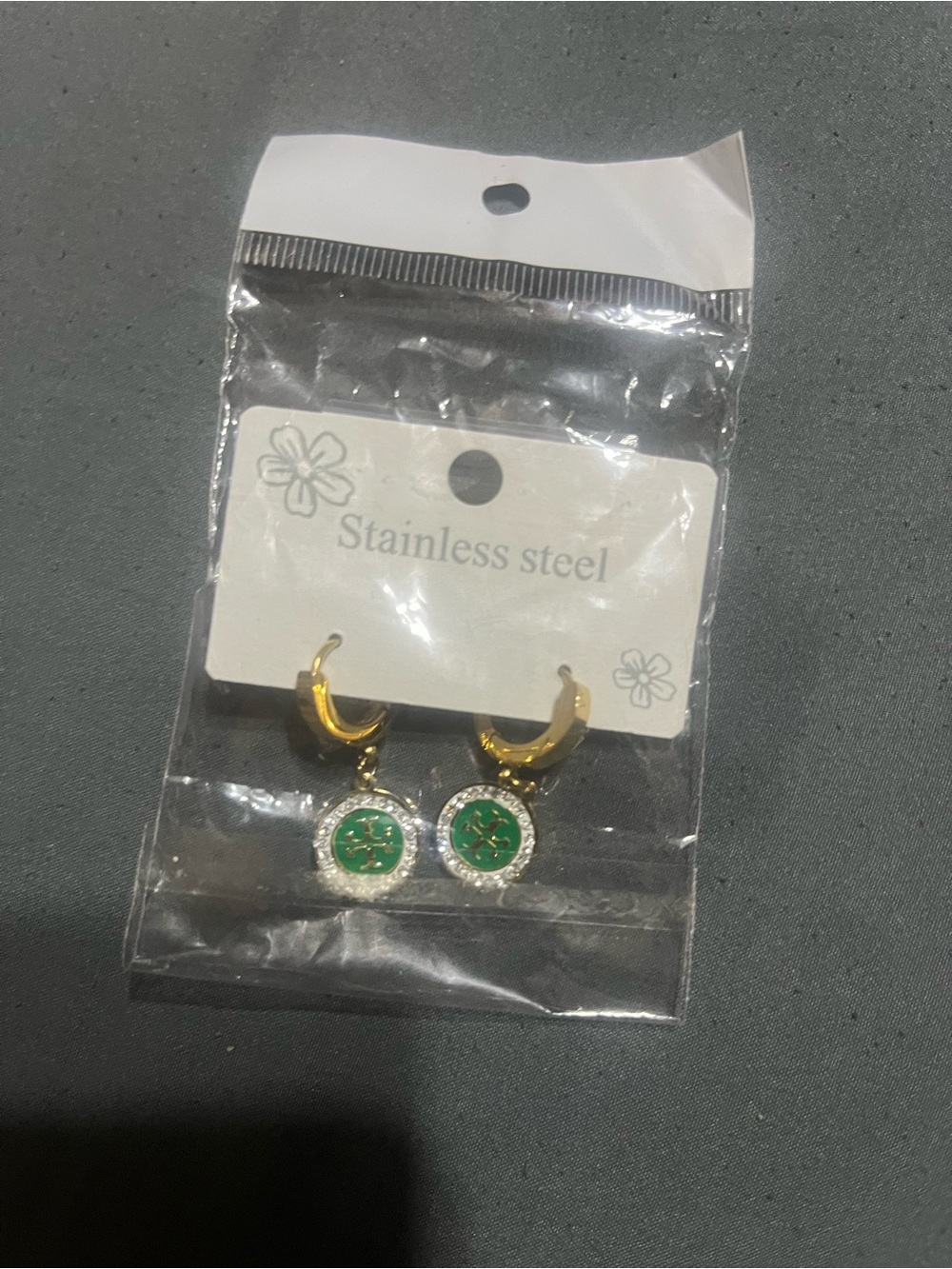 Stainless Steel 14 k  Hoop Earrings with Green Enamel Dangle